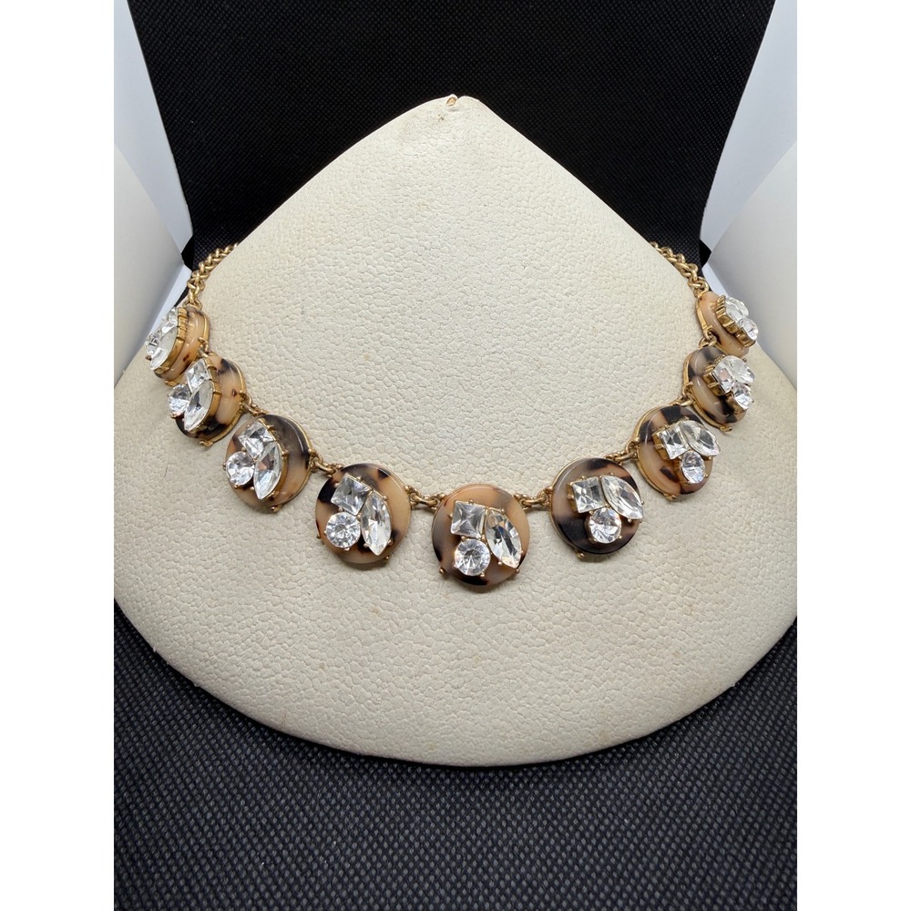J.Crew Tortoise Shell Crystal Cluster Statement Necklace Gold Tone 18 Inch
